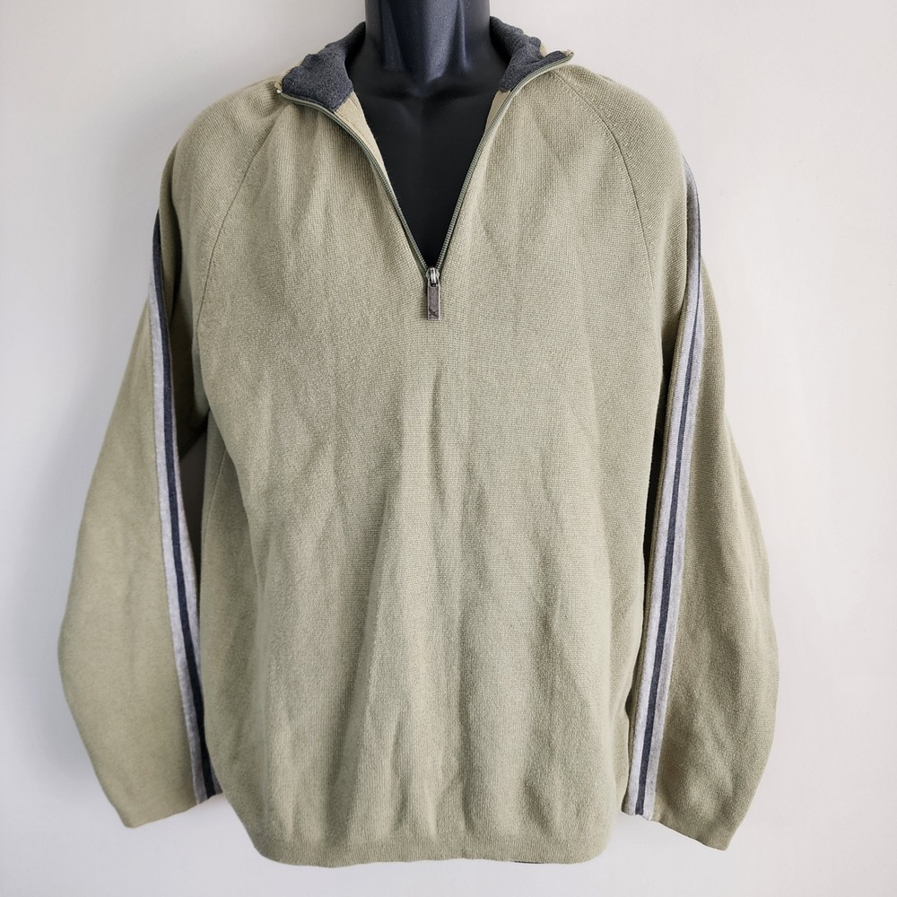 Eddie‎ Bauer Quarter Zip Sweater Mens Small Green Stripe Cotton Pullover